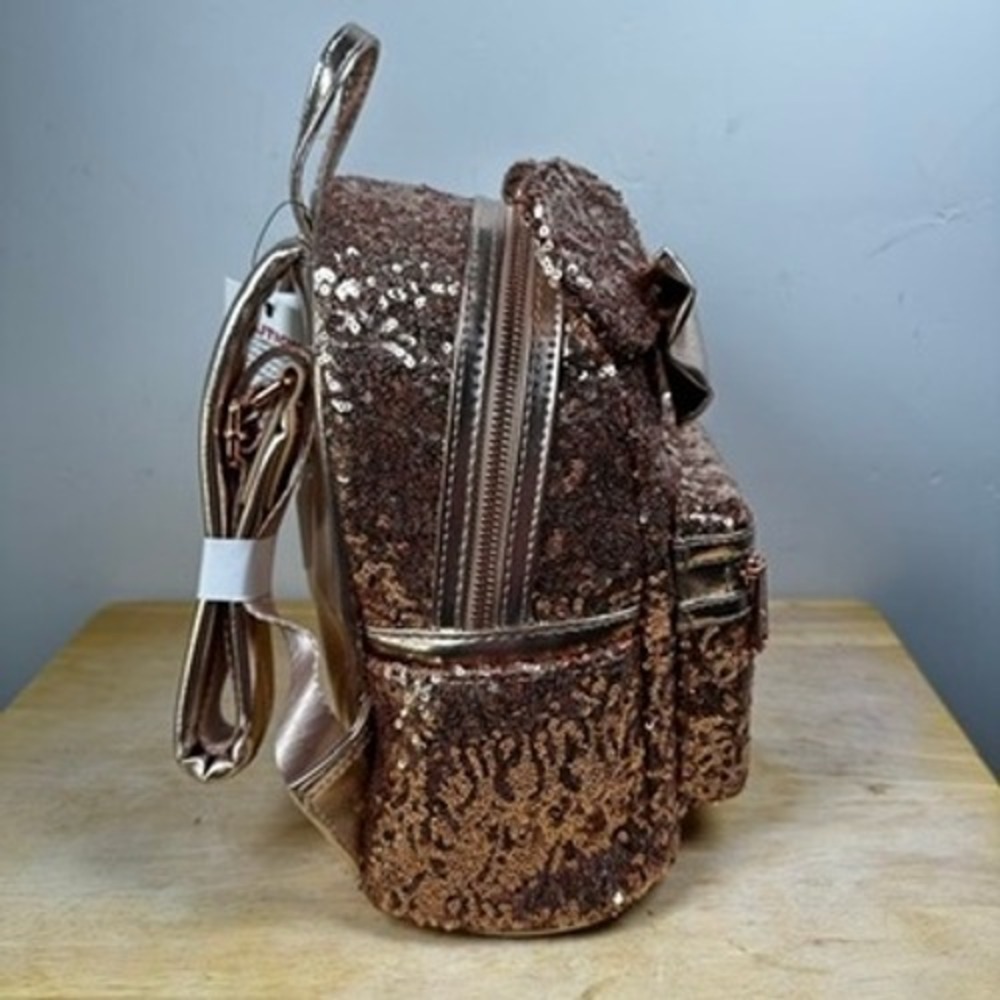 Loungefly Disney Parks Minnie Mouse Rose Gold Sequin Mini Backpack Bow NWT - Picture 3 of 14